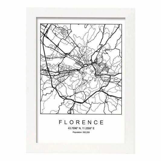 Lámina mapa de la ciudad Florence estilo nordico en blanco y negro.-Artwork-Nacnic-A4-Marco Blanco-Nacnic Estudio SL