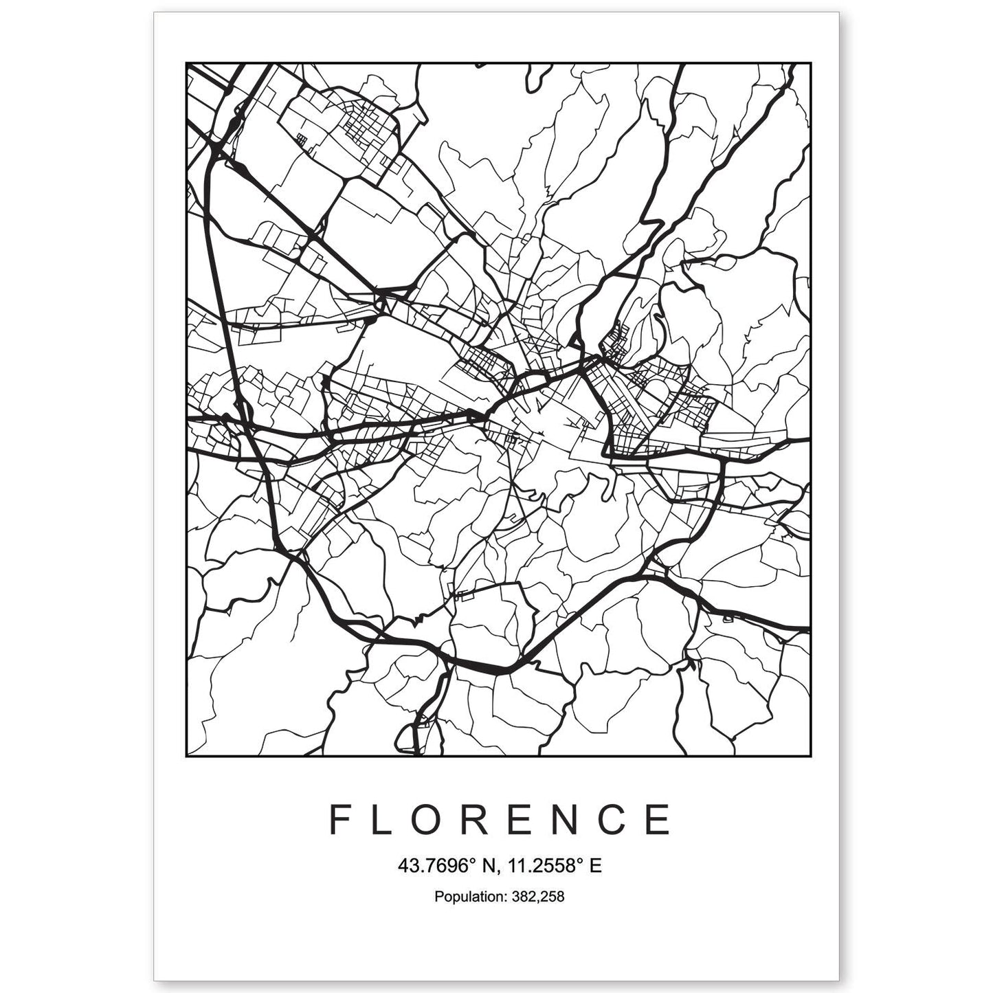 Lámina mapa de la ciudad Florence estilo nordico en blanco y negro.-Artwork-Nacnic-A4-Sin marco-Nacnic Estudio SL