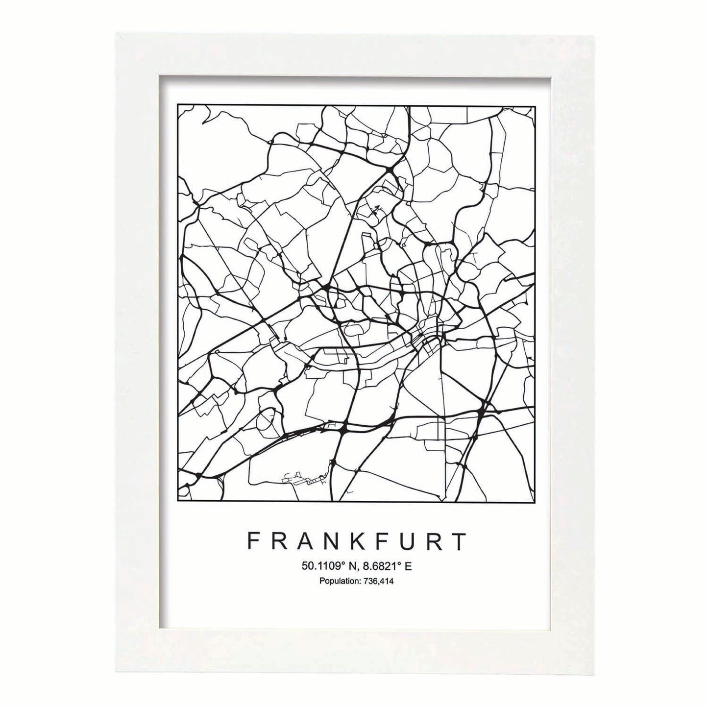 Lámina mapa de la ciudad Frankfurt estilo nordico en blanco y negro.-Artwork-Nacnic-A3-Marco Blanco-Nacnic Estudio SL