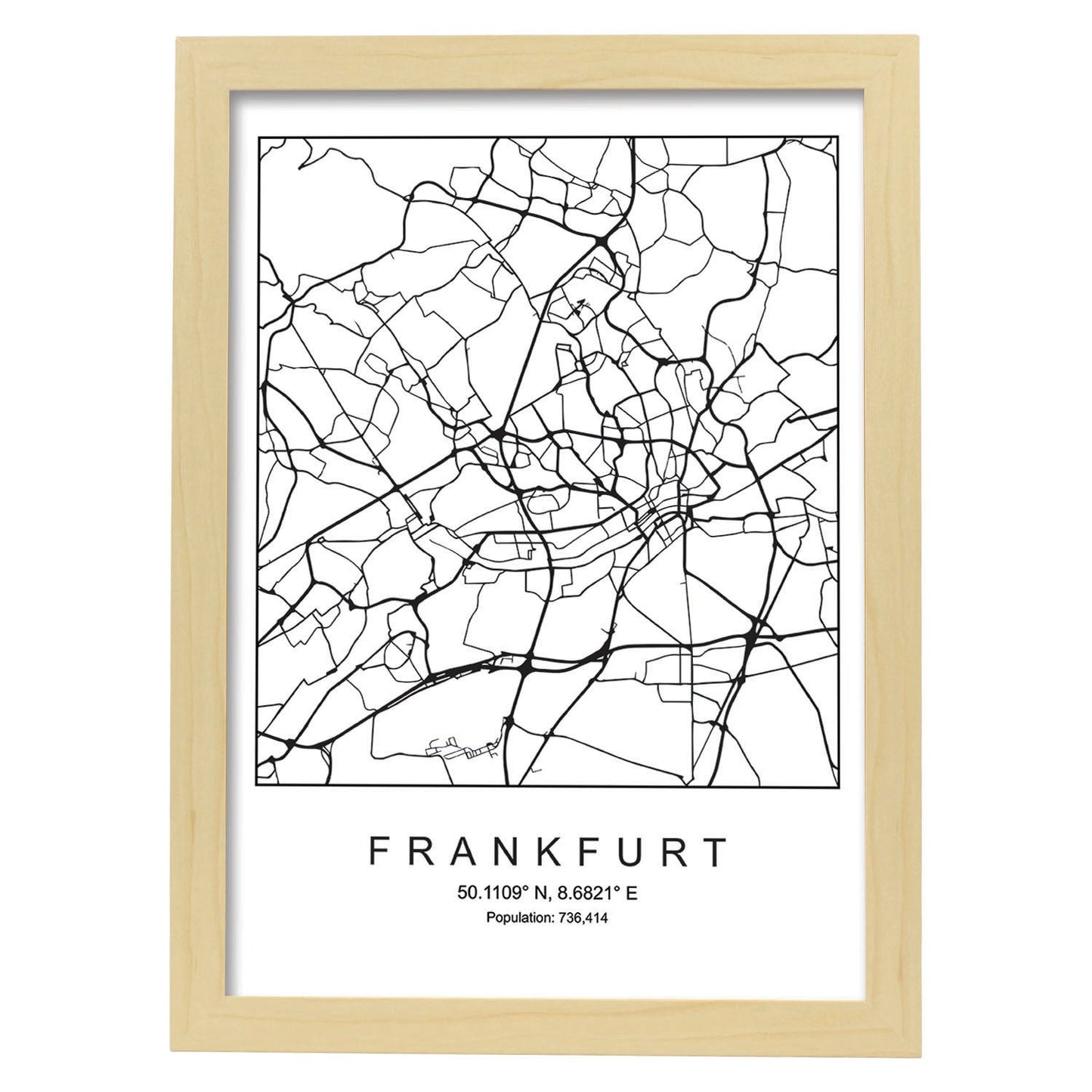 Lámina mapa de la ciudad Frankfurt estilo nordico en blanco y negro.-Artwork-Nacnic-A3-Marco Madera clara-Nacnic Estudio SL