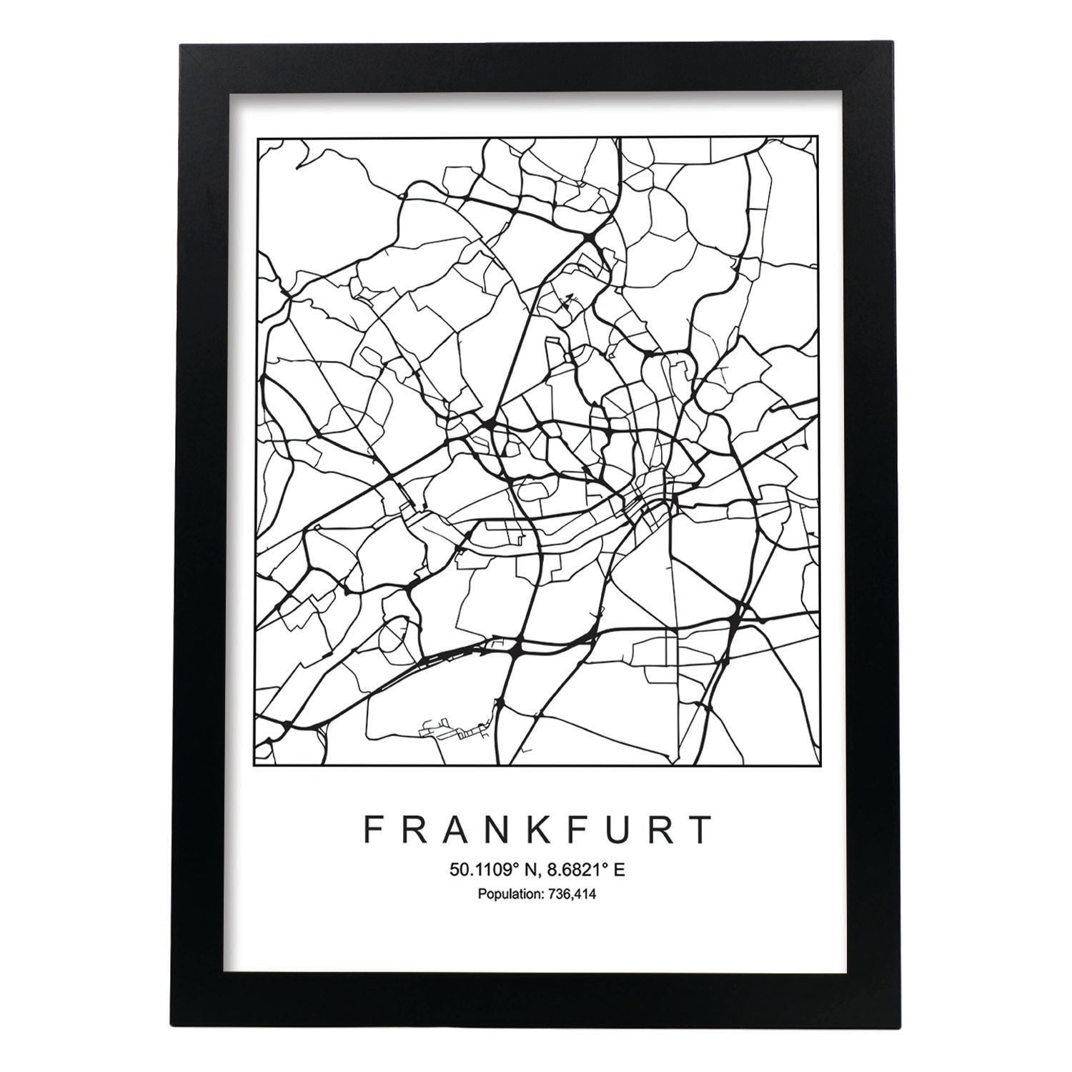 Lámina mapa de la ciudad Frankfurt estilo nordico en blanco y negro.-Artwork-Nacnic-A3-Marco Negro-Nacnic Estudio SL