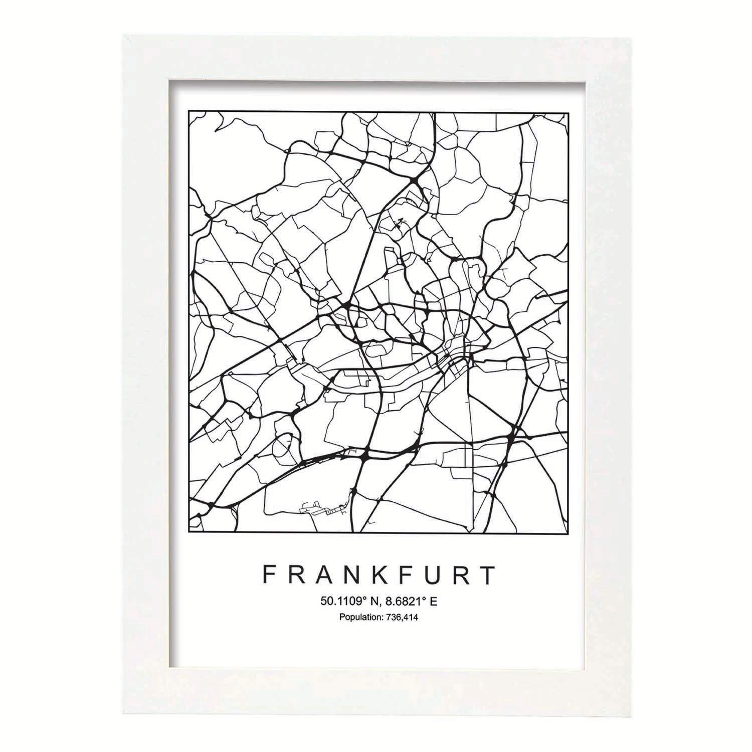 Lámina mapa de la ciudad Frankfurt estilo nordico en blanco y negro.-Artwork-Nacnic-A4-Marco Blanco-Nacnic Estudio SL