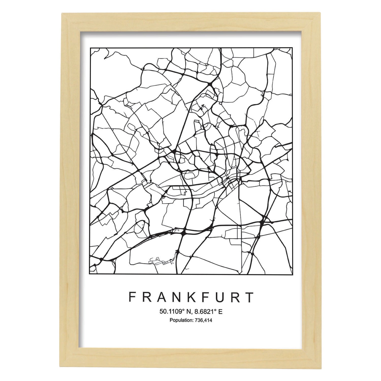 Lámina mapa de la ciudad Frankfurt estilo nordico en blanco y negro.-Artwork-Nacnic-A4-Marco Madera clara-Nacnic Estudio SL