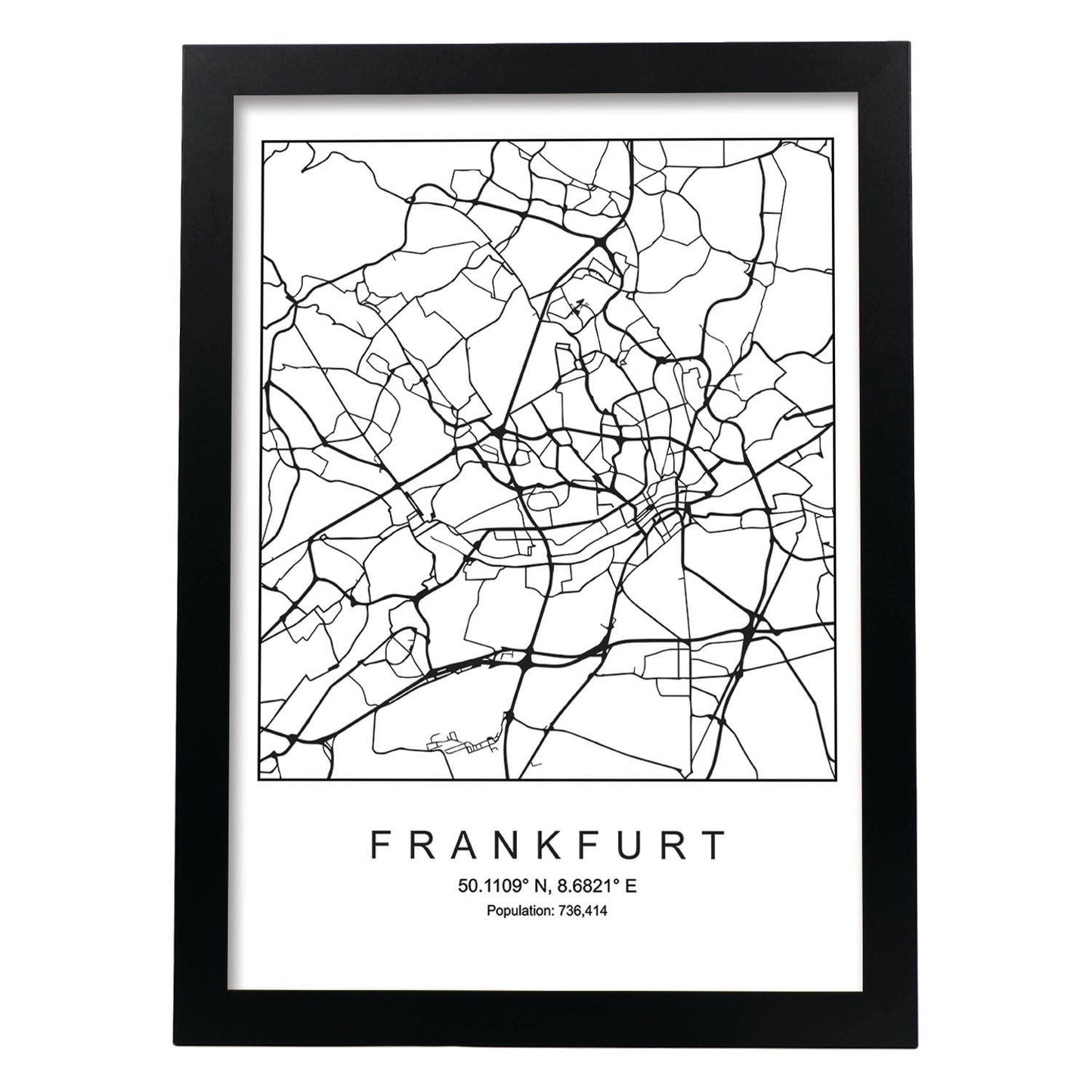 Lámina mapa de la ciudad Frankfurt estilo nordico en blanco y negro.-Artwork-Nacnic-A4-Marco Negro-Nacnic Estudio SL