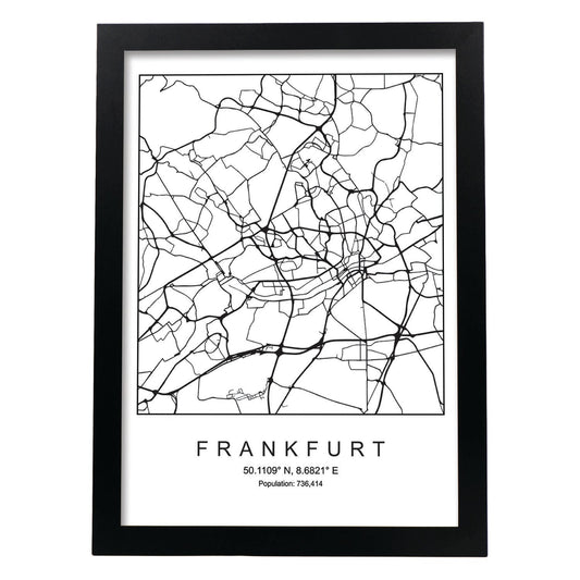 Lámina mapa de la ciudad Frankfurt estilo nordico en blanco y negro.-Artwork-Nacnic-A4-Marco Negro-Nacnic Estudio SL
