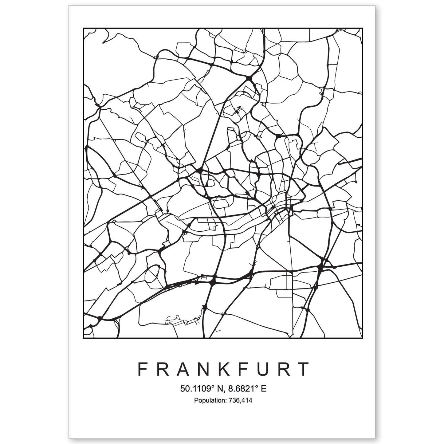 Lámina mapa de la ciudad Frankfurt estilo nordico en blanco y negro.-Artwork-Nacnic-A4-Sin marco-Nacnic Estudio SL