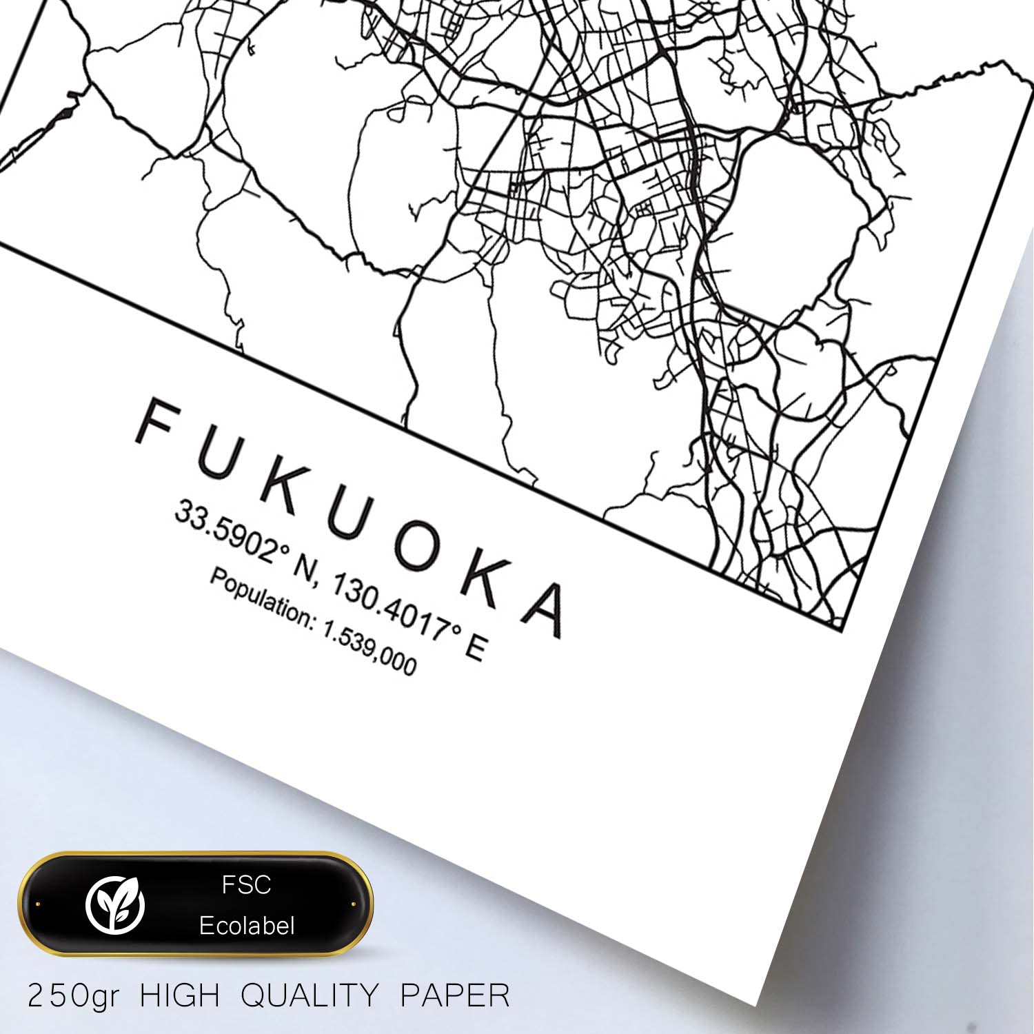 Lámina mapa de la ciudad Fukuoka estilo nordico en blanco y negro.-Artwork-Nacnic-Nacnic Estudio SL