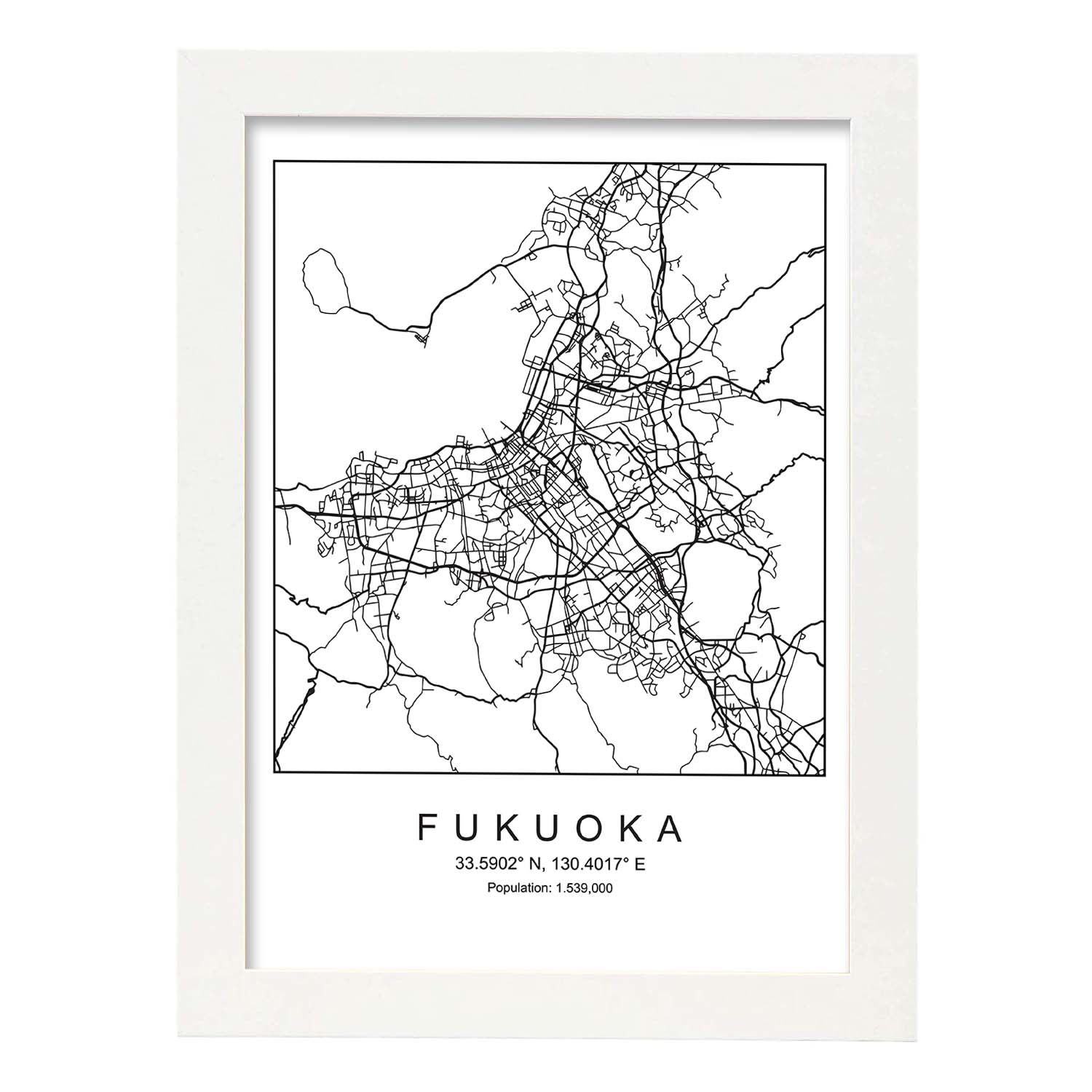 Lámina mapa de la ciudad Fukuoka estilo nordico en blanco y negro.-Artwork-Nacnic-A3-Marco Blanco-Nacnic Estudio SL