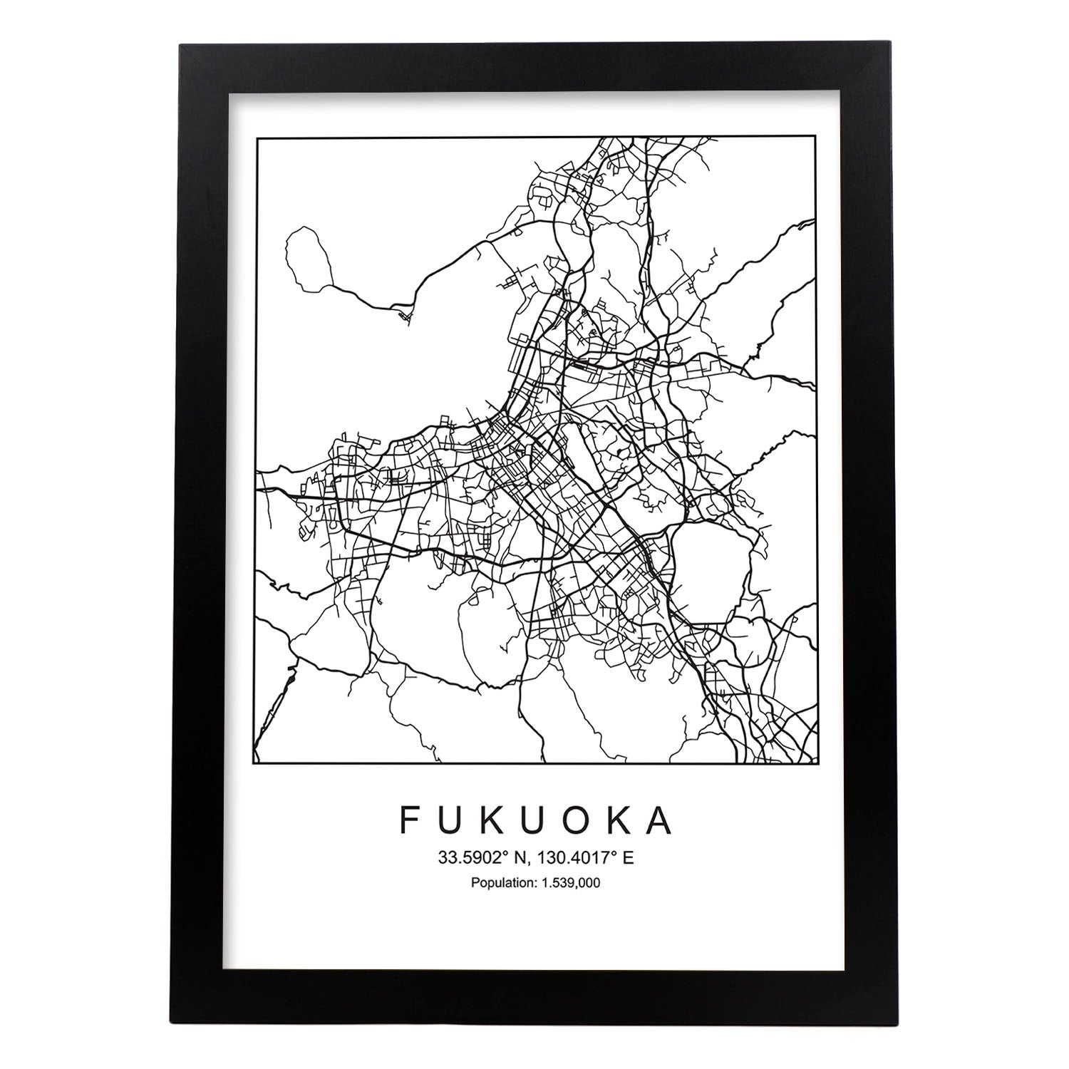 Lámina mapa de la ciudad Fukuoka estilo nordico en blanco y negro.-Artwork-Nacnic-A3-Marco Negro-Nacnic Estudio SL