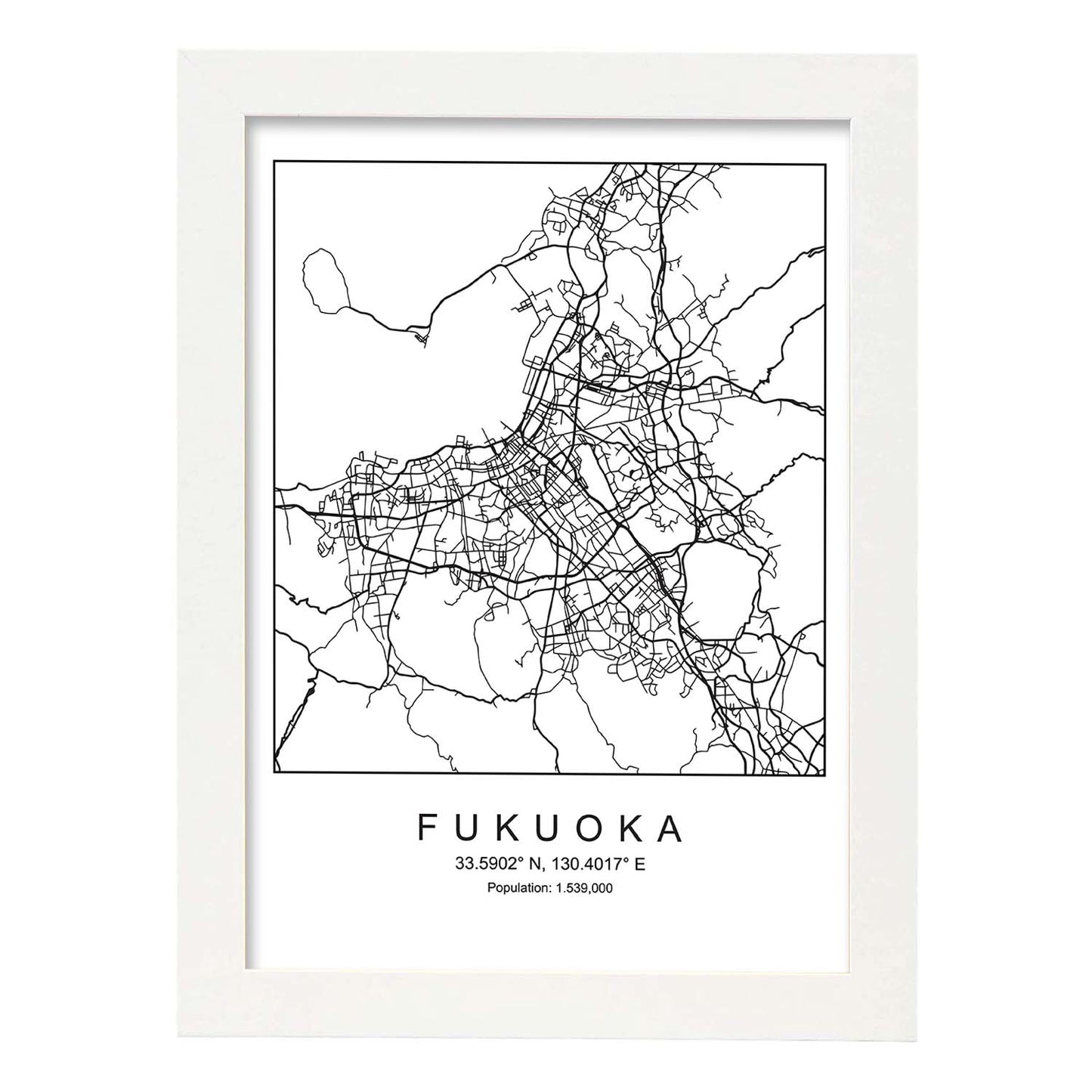 Lámina mapa de la ciudad Fukuoka estilo nordico en blanco y negro.-Artwork-Nacnic-A4-Marco Blanco-Nacnic Estudio SL