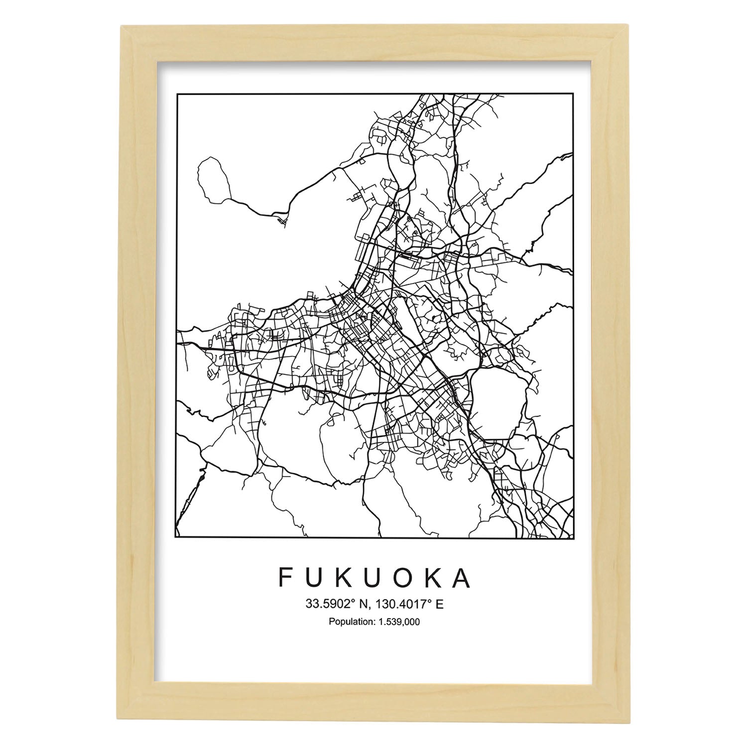 Lámina mapa de la ciudad Fukuoka estilo nordico en blanco y negro.-Artwork-Nacnic-A4-Marco Madera clara-Nacnic Estudio SL