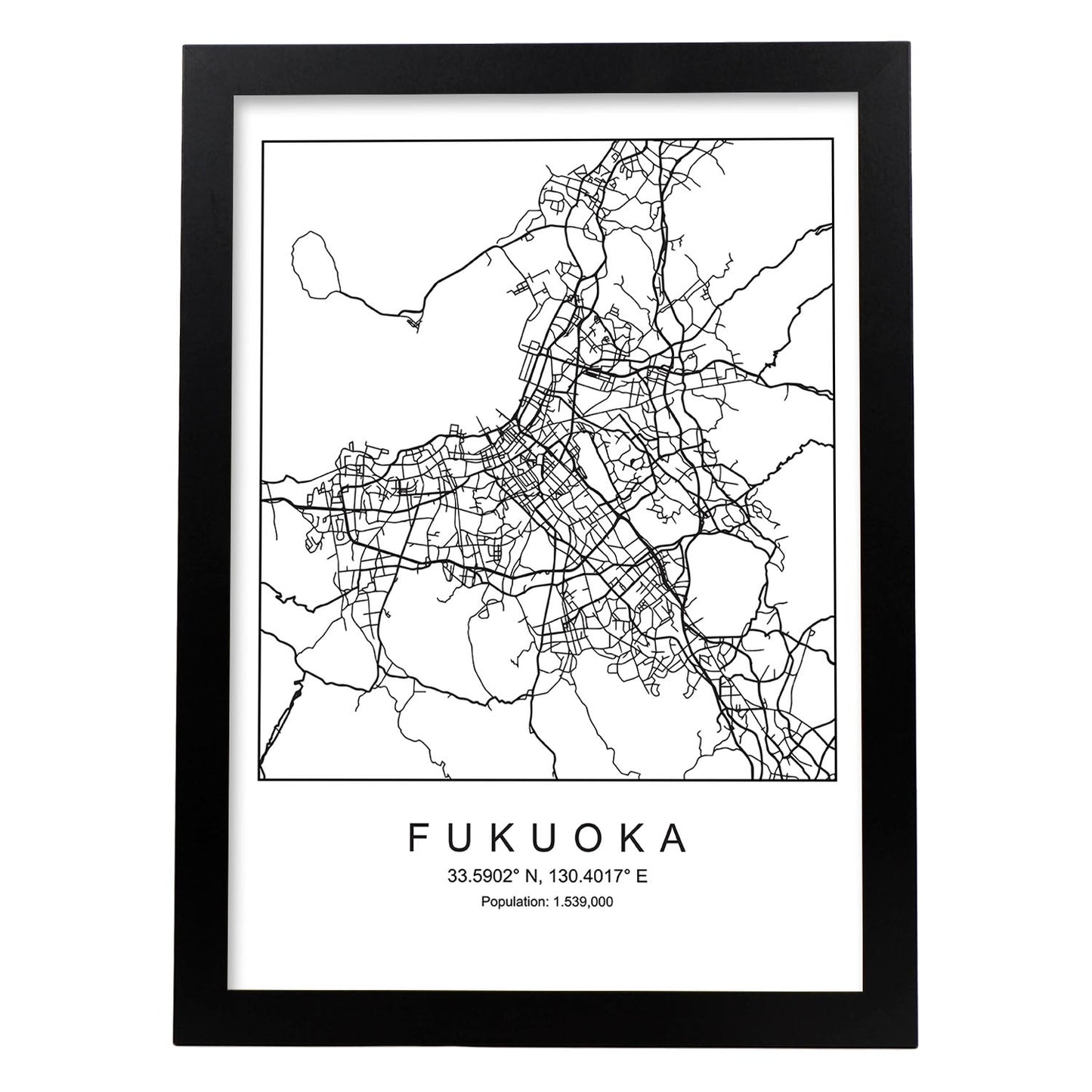 Lámina mapa de la ciudad Fukuoka estilo nordico en blanco y negro.-Artwork-Nacnic-A4-Marco Negro-Nacnic Estudio SL