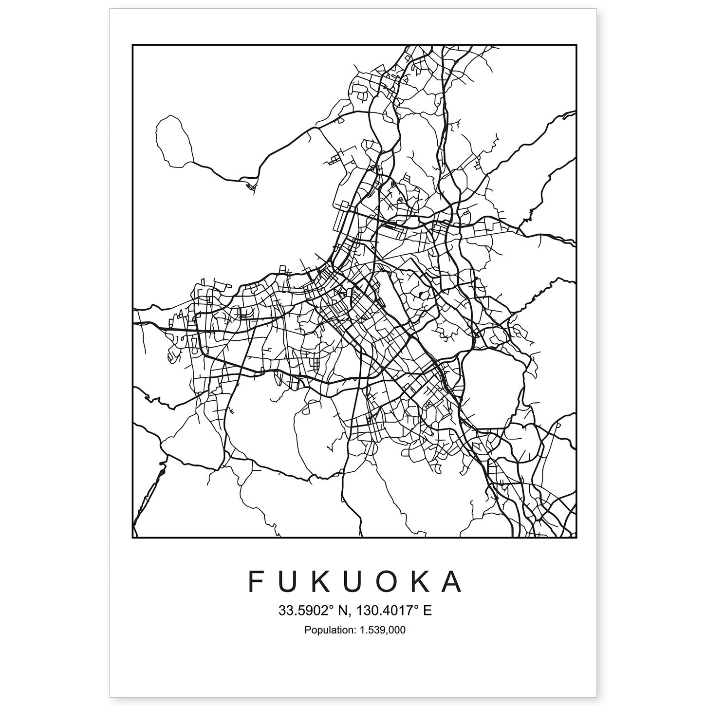 Lámina mapa de la ciudad Fukuoka estilo nordico en blanco y negro.-Artwork-Nacnic-A4-Sin marco-Nacnic Estudio SL
