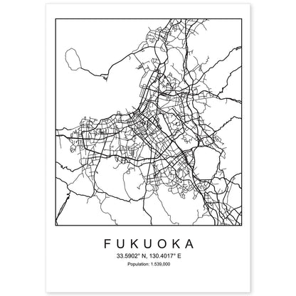 Lámina mapa de la ciudad Fukuoka estilo nordico en blanco y negro.-Artwork-Nacnic-A4-Sin marco-Nacnic Estudio SL