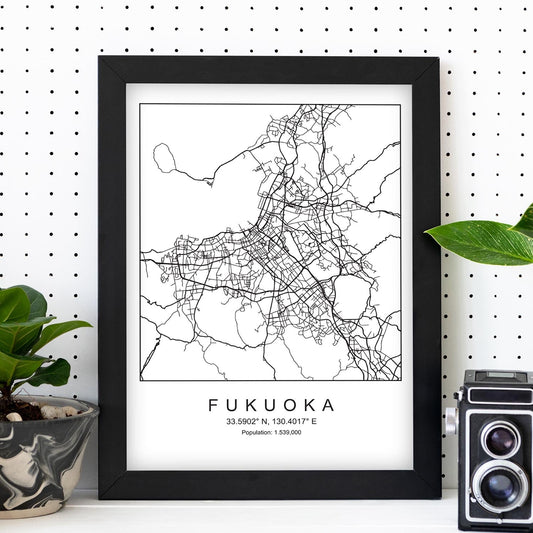 Lámina mapa de la ciudad Fukuoka estilo nordico en blanco y negro.-Artwork-Nacnic-Nacnic Estudio SL