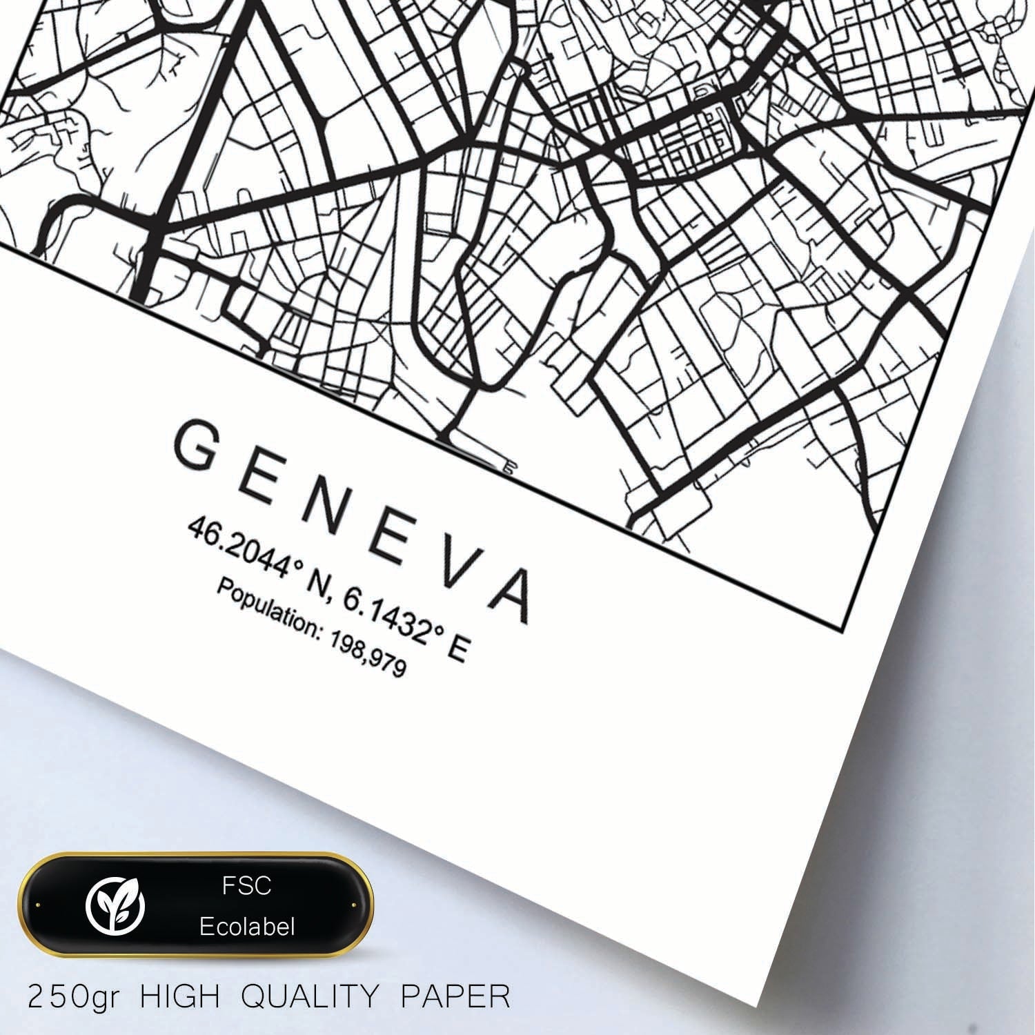 Lámina mapa de la ciudad Geneva estilo nordico en blanco y negro.-Artwork-Nacnic-Nacnic Estudio SL