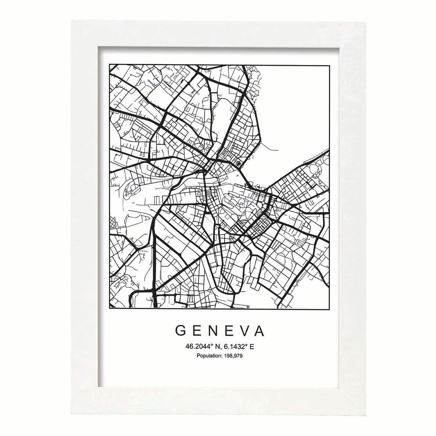Lámina mapa de la ciudad Geneva estilo nordico en blanco y negro.-Artwork-Nacnic-A3-Marco Blanco-Nacnic Estudio SL