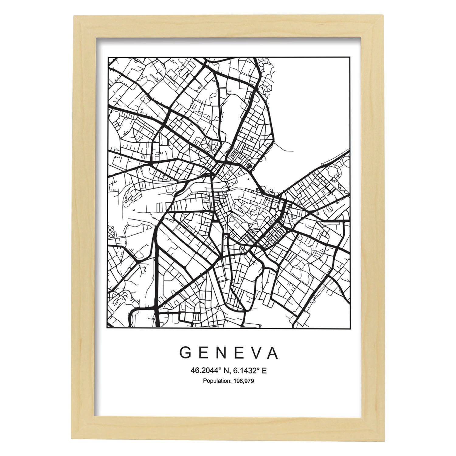 Lámina mapa de la ciudad Geneva estilo nordico en blanco y negro.-Artwork-Nacnic-A3-Marco Madera clara-Nacnic Estudio SL