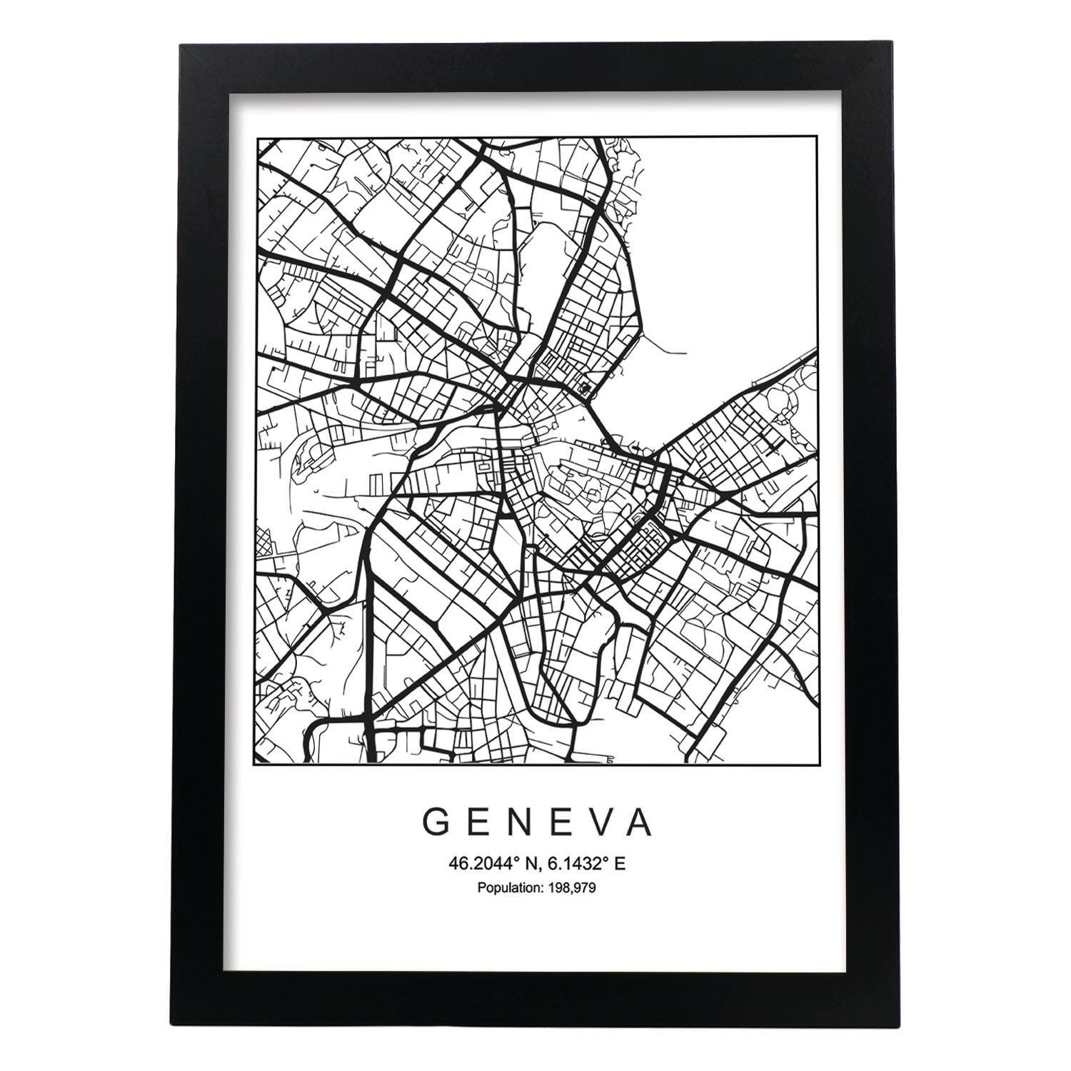 Lámina mapa de la ciudad Geneva estilo nordico en blanco y negro.-Artwork-Nacnic-A3-Marco Negro-Nacnic Estudio SL