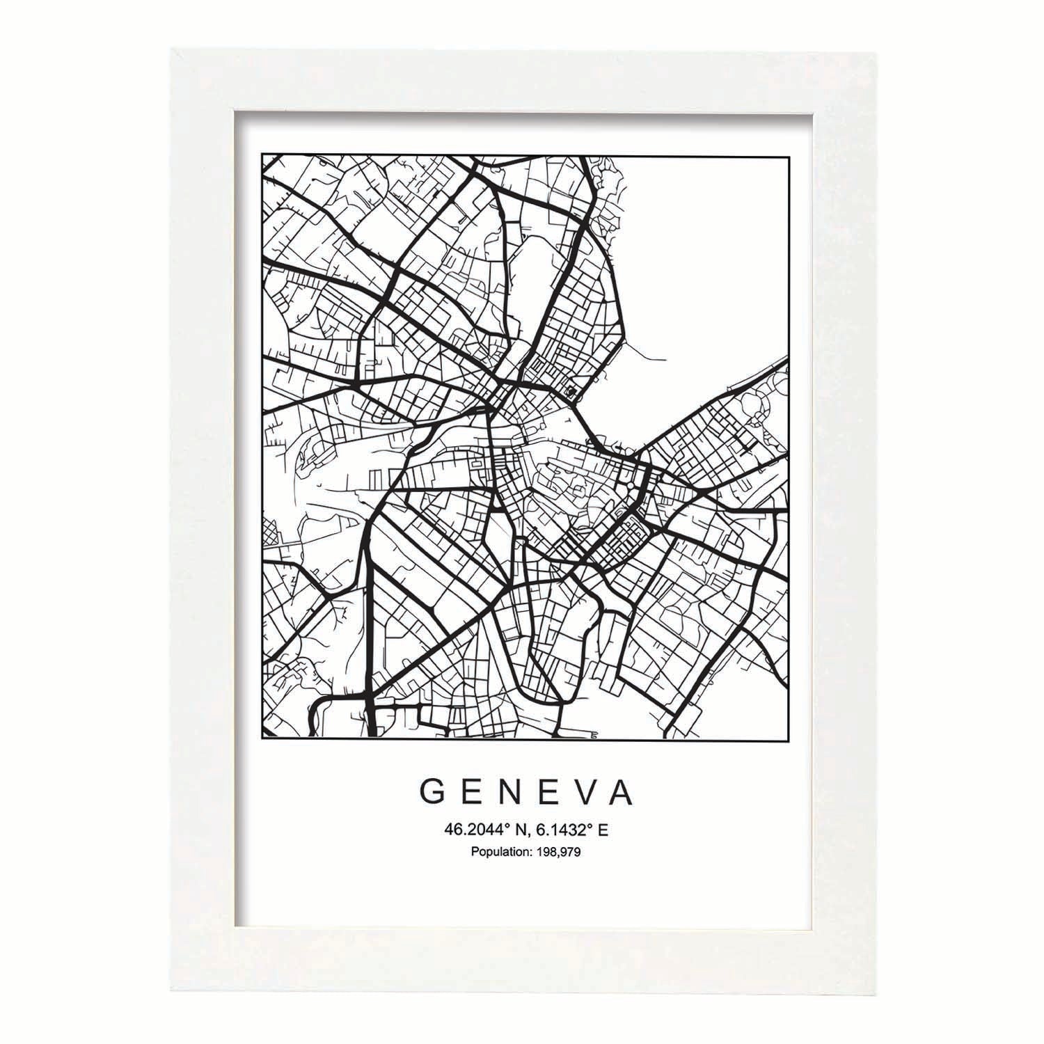 Lámina mapa de la ciudad Geneva estilo nordico en blanco y negro.-Artwork-Nacnic-A4-Marco Blanco-Nacnic Estudio SL