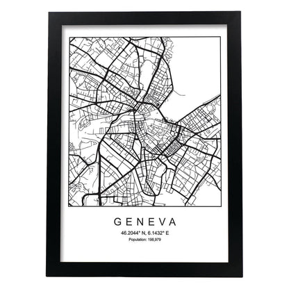 Lámina mapa de la ciudad Geneva estilo nordico en blanco y negro.-Artwork-Nacnic-A4-Marco Negro-Nacnic Estudio SL