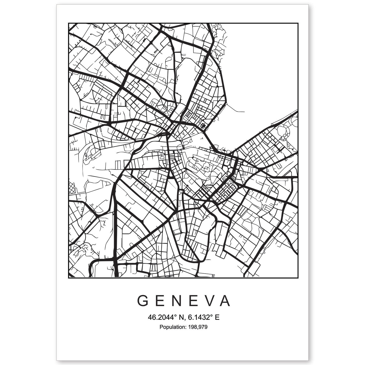 Lámina mapa de la ciudad Geneva estilo nordico en blanco y negro.-Artwork-Nacnic-A4-Sin marco-Nacnic Estudio SL