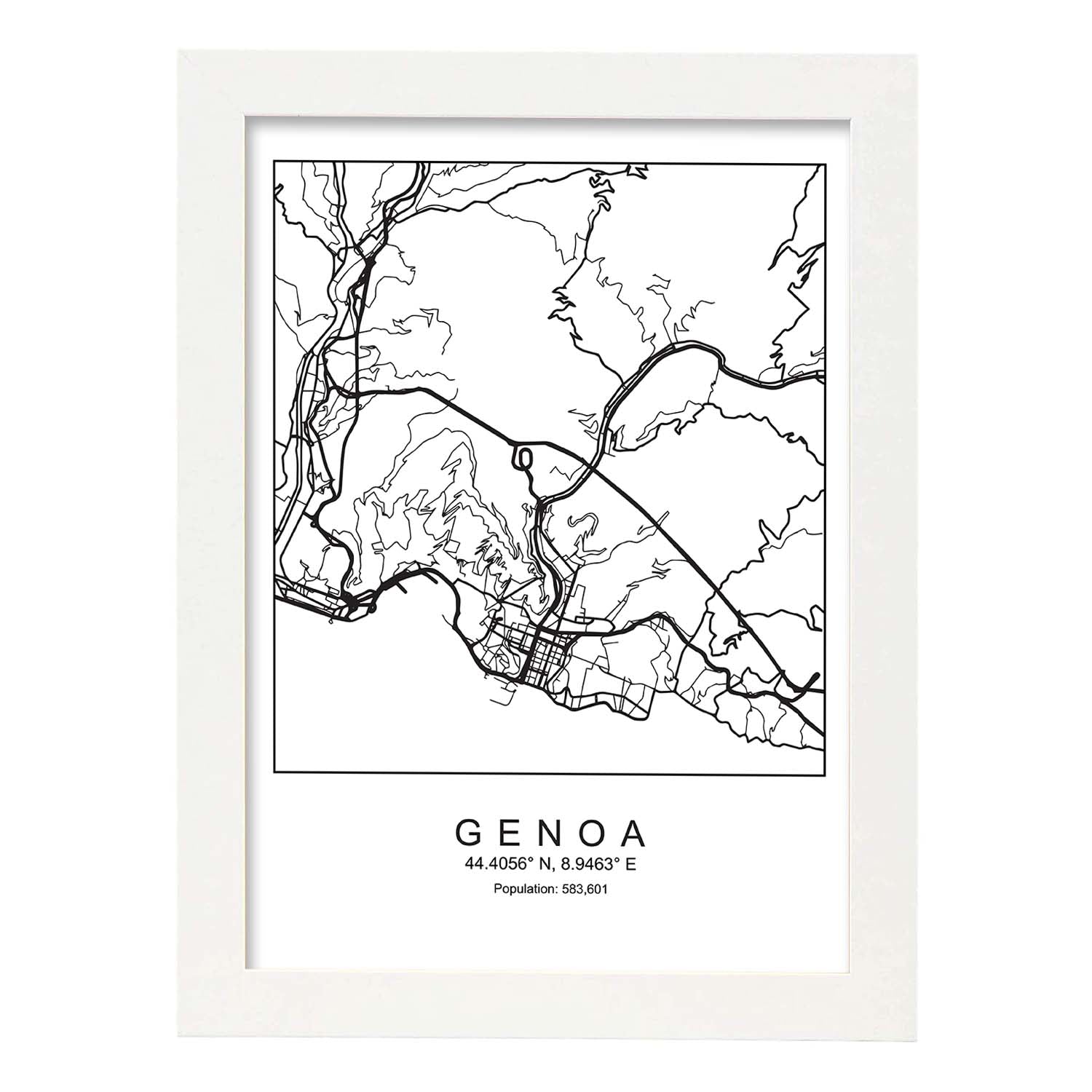 Lámina mapa de la ciudad Genoa estilo nordico en blanco y negro.-Artwork-Nacnic-A3-Marco Blanco-Nacnic Estudio SL