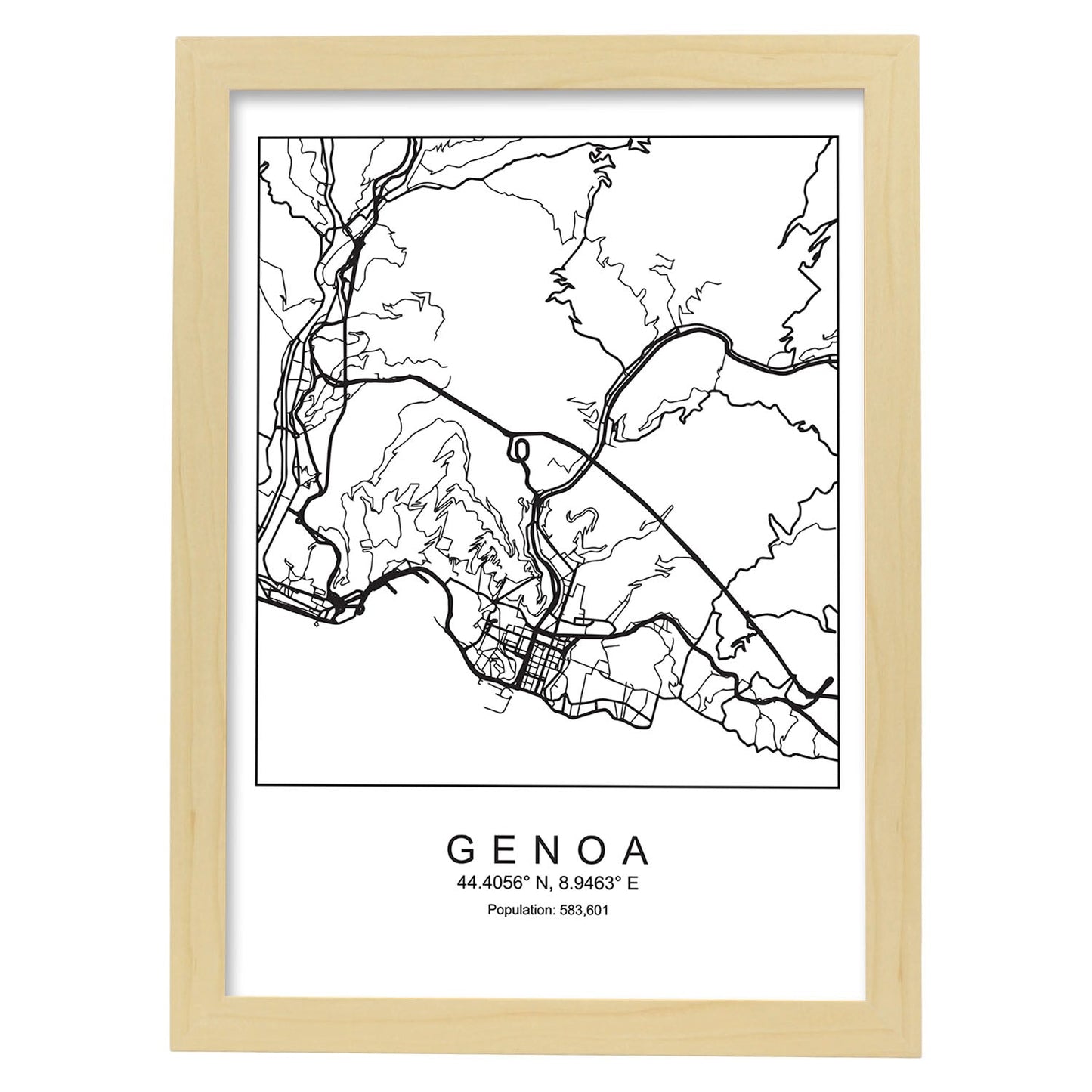 Lámina mapa de la ciudad Genoa estilo nordico en blanco y negro.-Artwork-Nacnic-A3-Marco Madera clara-Nacnic Estudio SL