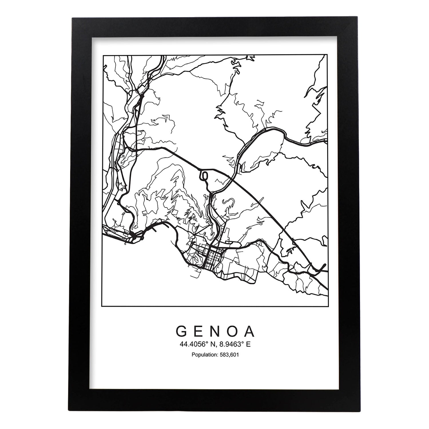 Lámina mapa de la ciudad Genoa estilo nordico en blanco y negro.-Artwork-Nacnic-A3-Marco Negro-Nacnic Estudio SL