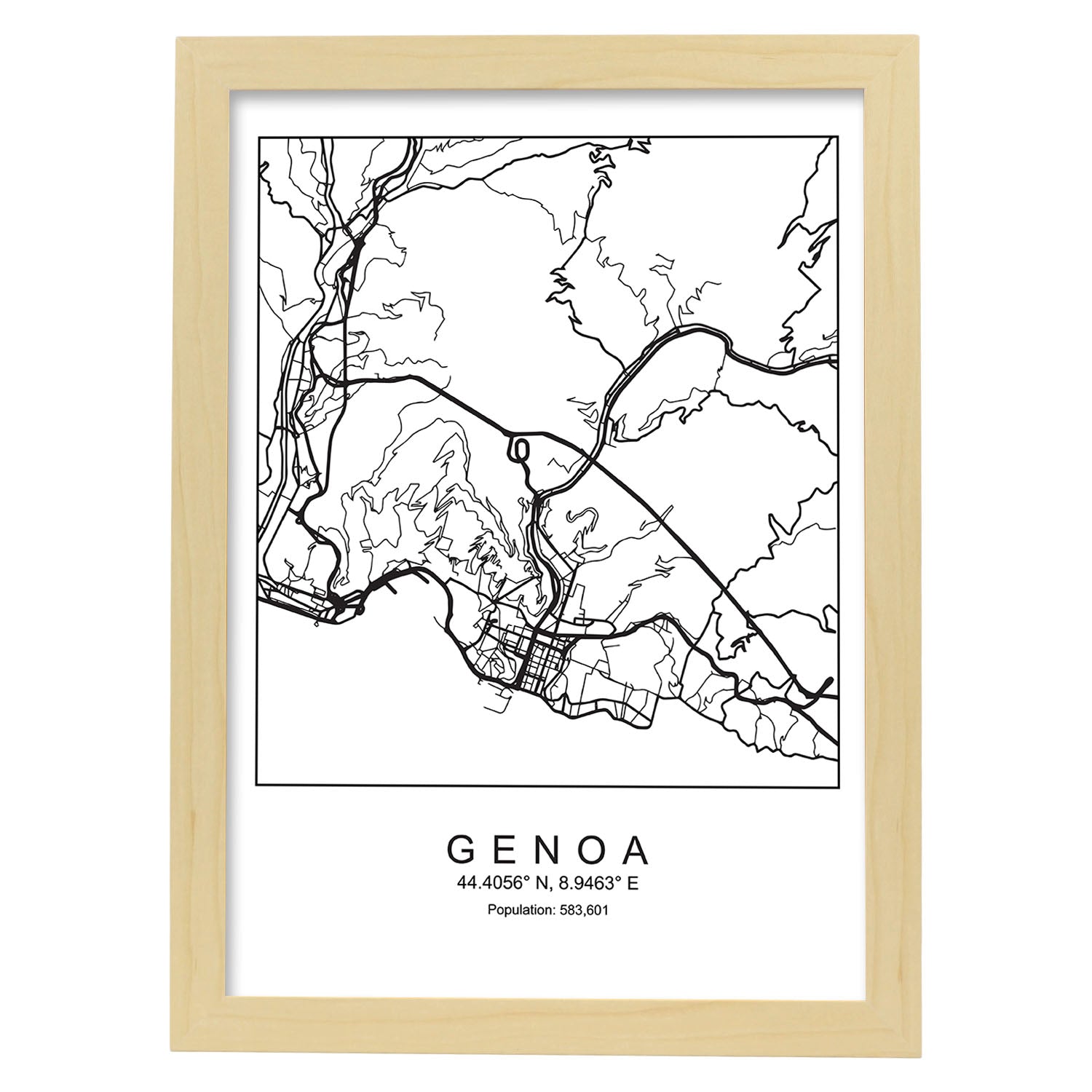Lámina mapa de la ciudad Genoa estilo nordico en blanco y negro.-Artwork-Nacnic-A4-Marco Madera clara-Nacnic Estudio SL