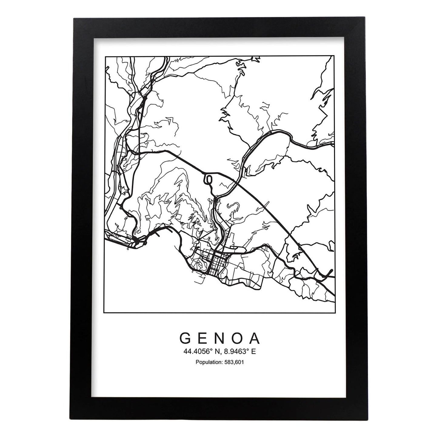 Lámina mapa de la ciudad Genoa estilo nordico en blanco y negro.-Artwork-Nacnic-A4-Marco Negro-Nacnic Estudio SL