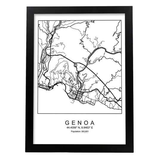Lámina mapa de la ciudad Genoa estilo nordico en blanco y negro.-Artwork-Nacnic-A4-Marco Negro-Nacnic Estudio SL