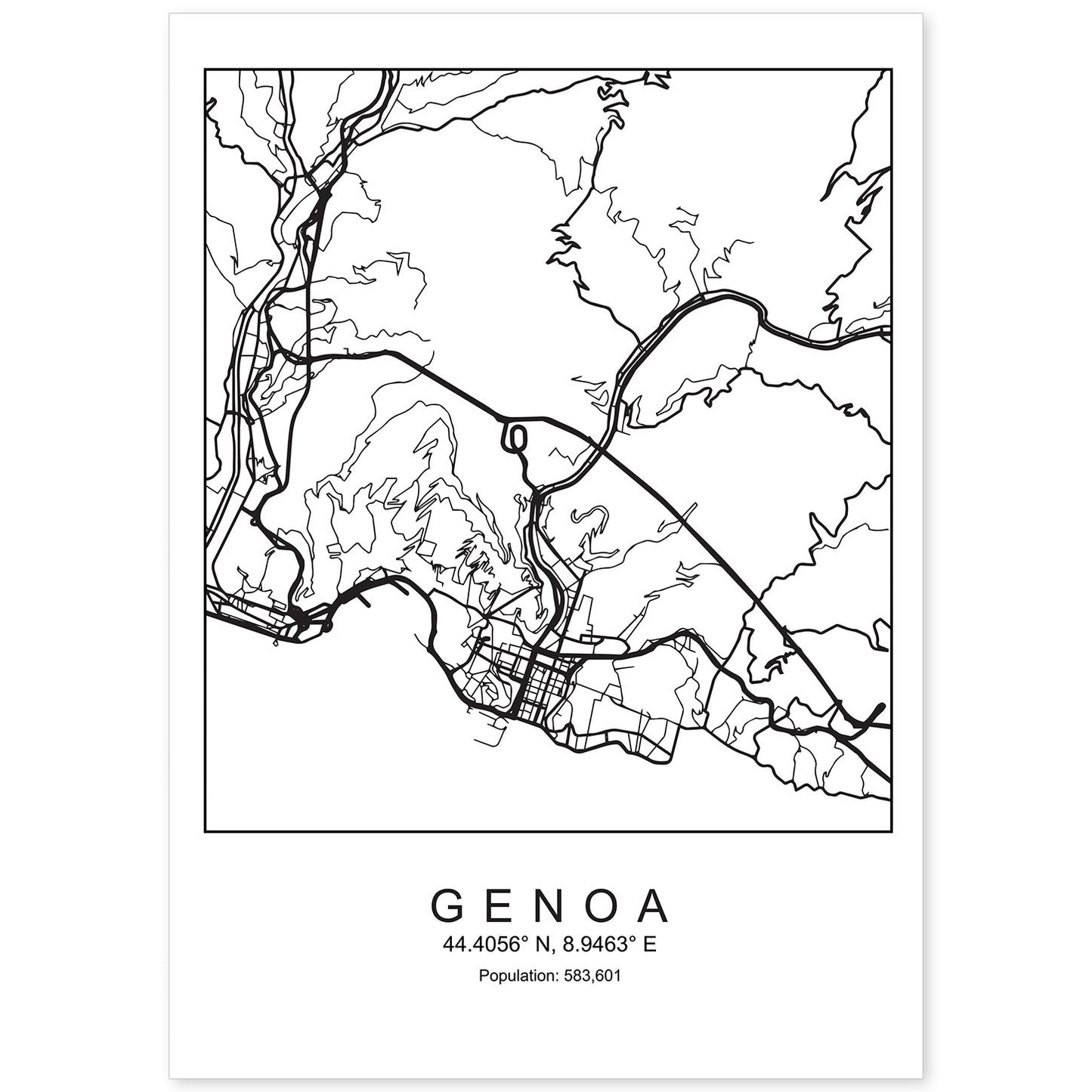 Lámina mapa de la ciudad Genoa estilo nordico en blanco y negro.-Artwork-Nacnic-A4-Sin marco-Nacnic Estudio SL