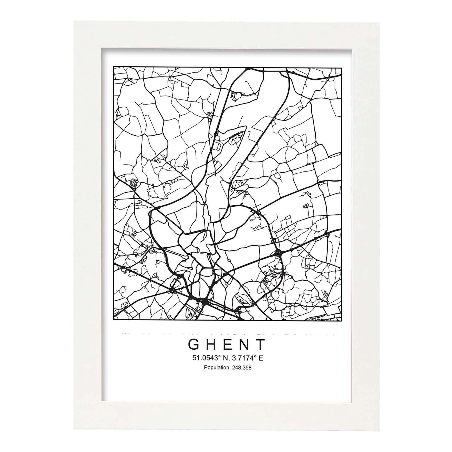 Lámina mapa de la ciudad Ghent estilo nordico en blanco y negro.-Artwork-Nacnic-A3-Marco Blanco-Nacnic Estudio SL