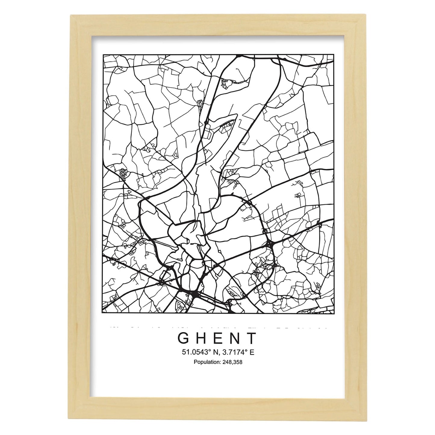 Lámina mapa de la ciudad Ghent estilo nordico en blanco y negro.-Artwork-Nacnic-A3-Marco Madera clara-Nacnic Estudio SL