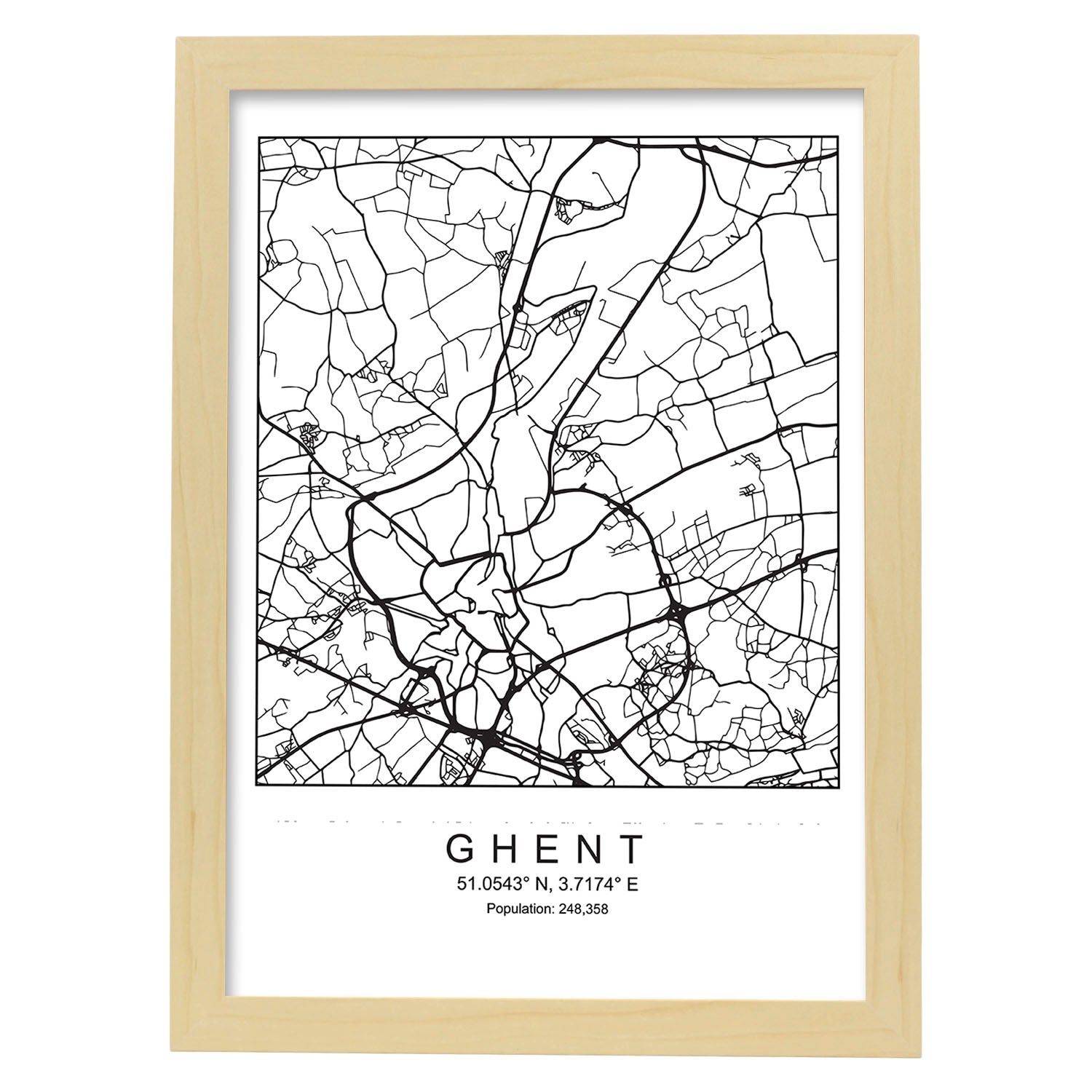 Lámina mapa de la ciudad Ghent estilo nordico en blanco y negro.-Artwork-Nacnic-A3-Marco Madera clara-Nacnic Estudio SL