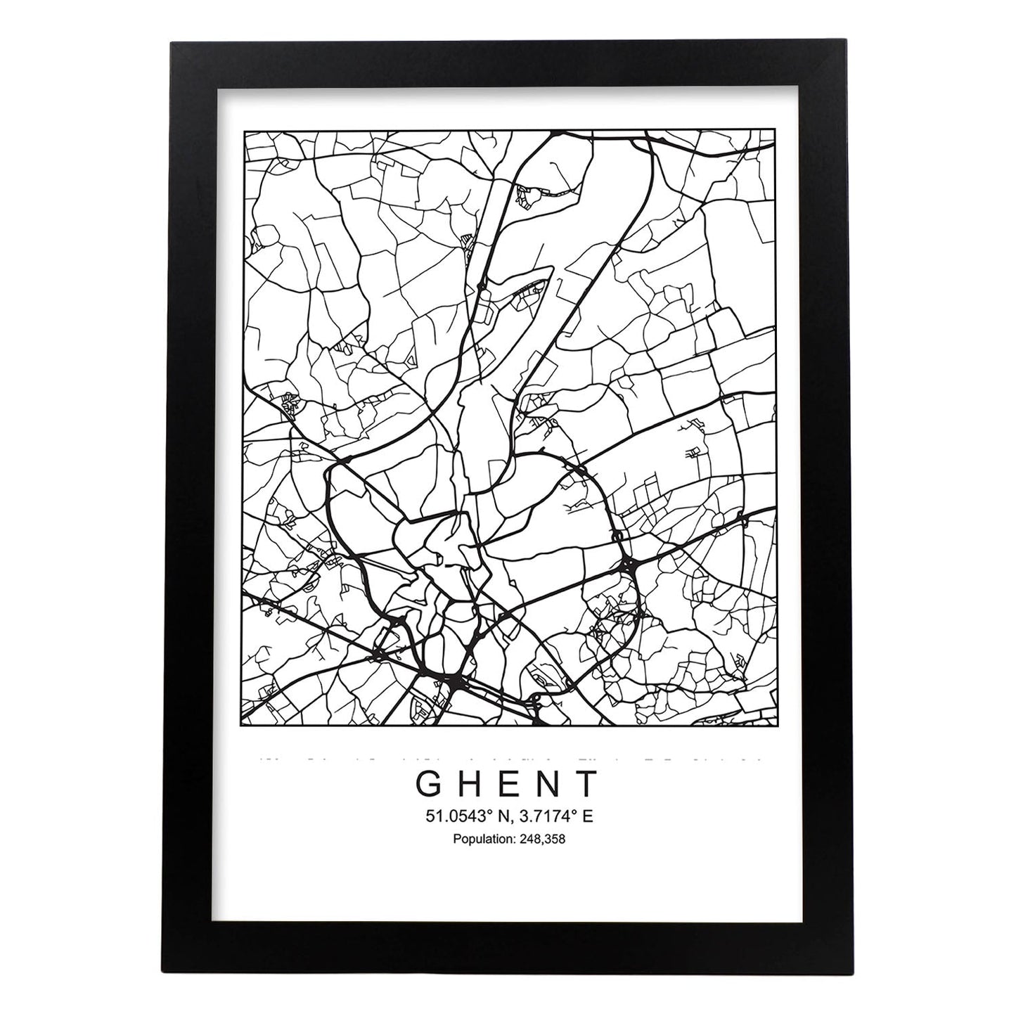 Lámina mapa de la ciudad Ghent estilo nordico en blanco y negro.-Artwork-Nacnic-A3-Marco Negro-Nacnic Estudio SL