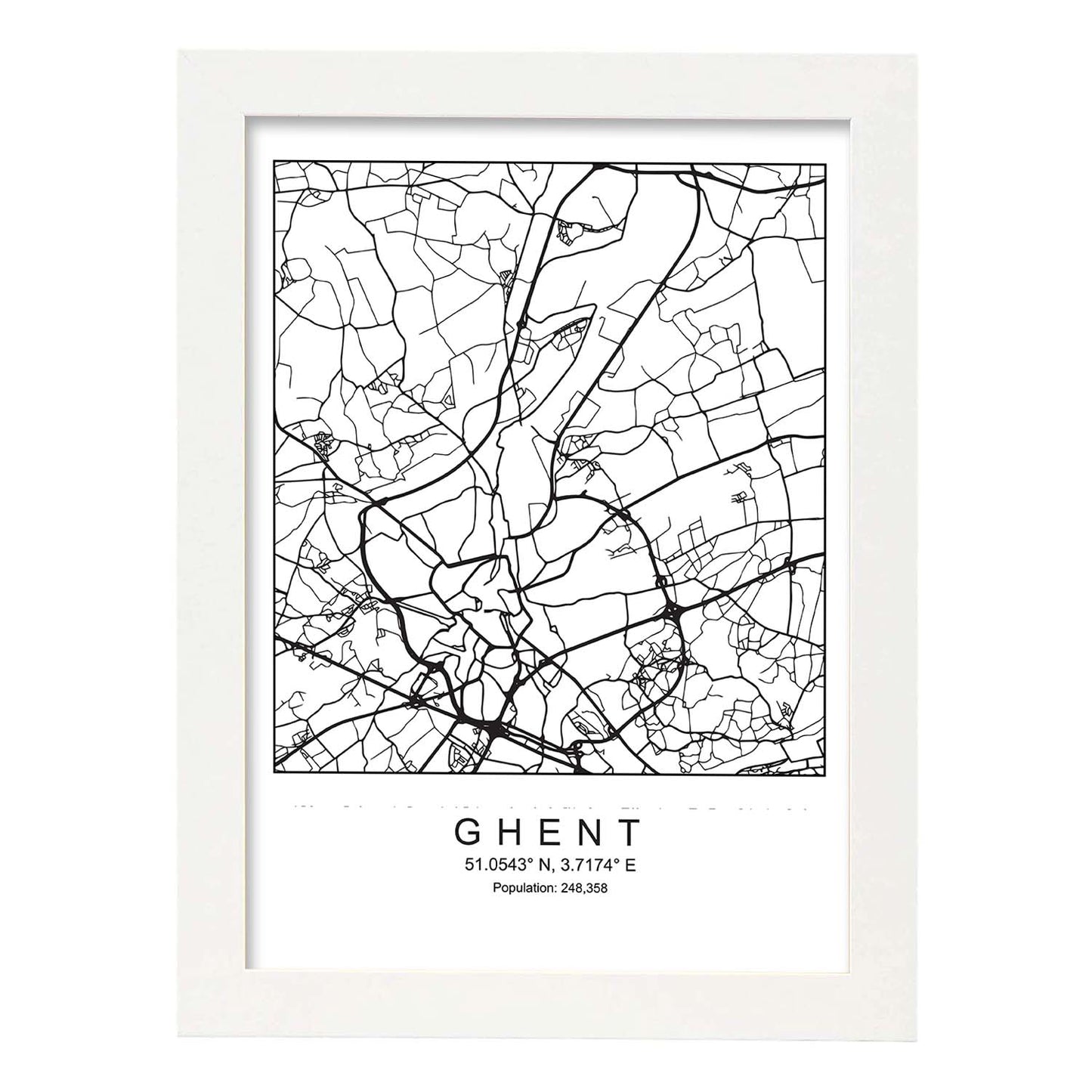 Lámina mapa de la ciudad Ghent estilo nordico en blanco y negro.-Artwork-Nacnic-A4-Marco Blanco-Nacnic Estudio SL