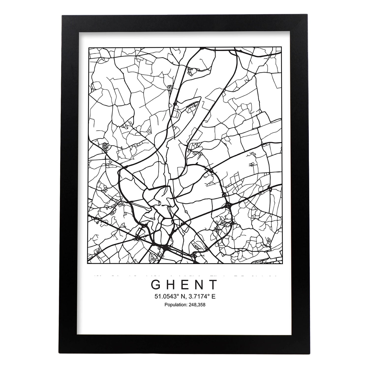 Lámina mapa de la ciudad Ghent estilo nordico en blanco y negro.-Artwork-Nacnic-A4-Marco Negro-Nacnic Estudio SL