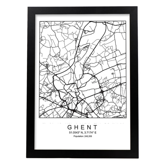 Lámina mapa de la ciudad Ghent estilo nordico en blanco y negro.-Artwork-Nacnic-A4-Marco Negro-Nacnic Estudio SL