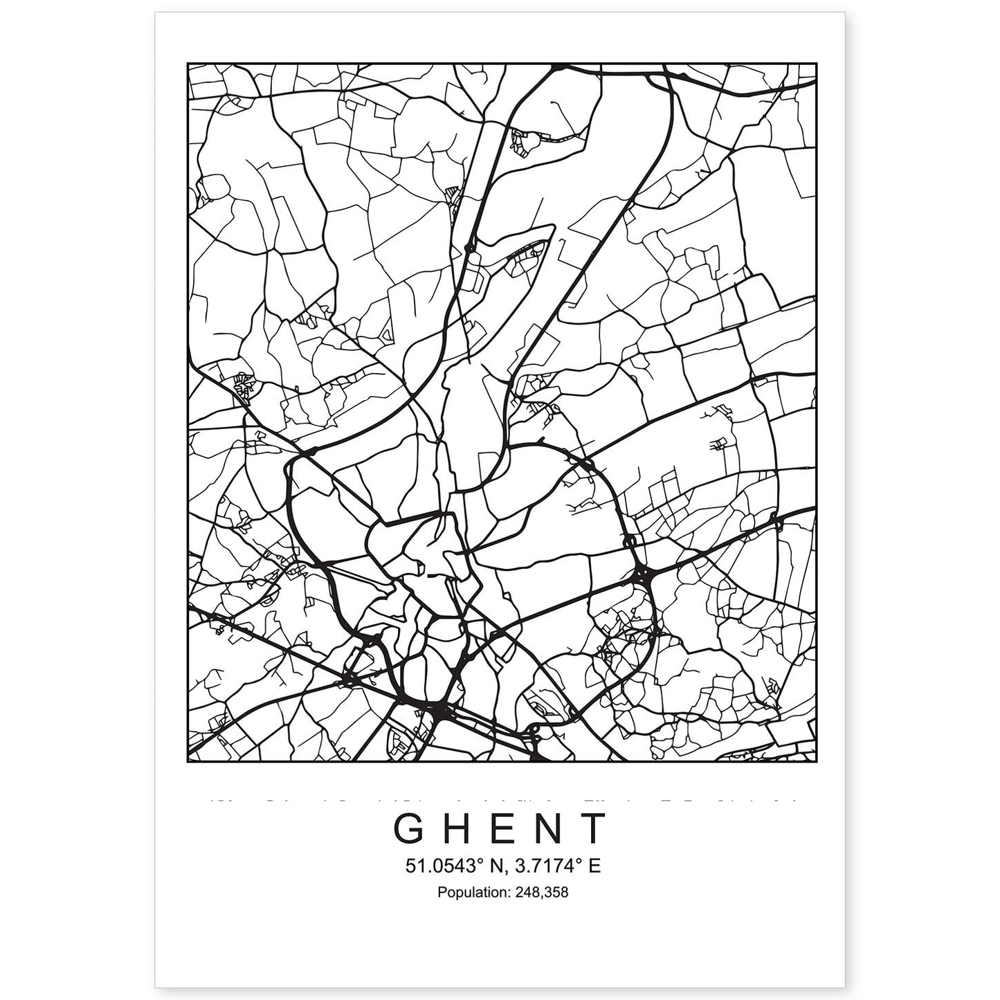 Lámina mapa de la ciudad Ghent estilo nordico en blanco y negro.-Artwork-Nacnic-A4-Sin marco-Nacnic Estudio SL