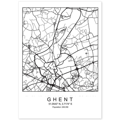 Lámina mapa de la ciudad Ghent estilo nordico en blanco y negro.-Artwork-Nacnic-A4-Sin marco-Nacnic Estudio SL