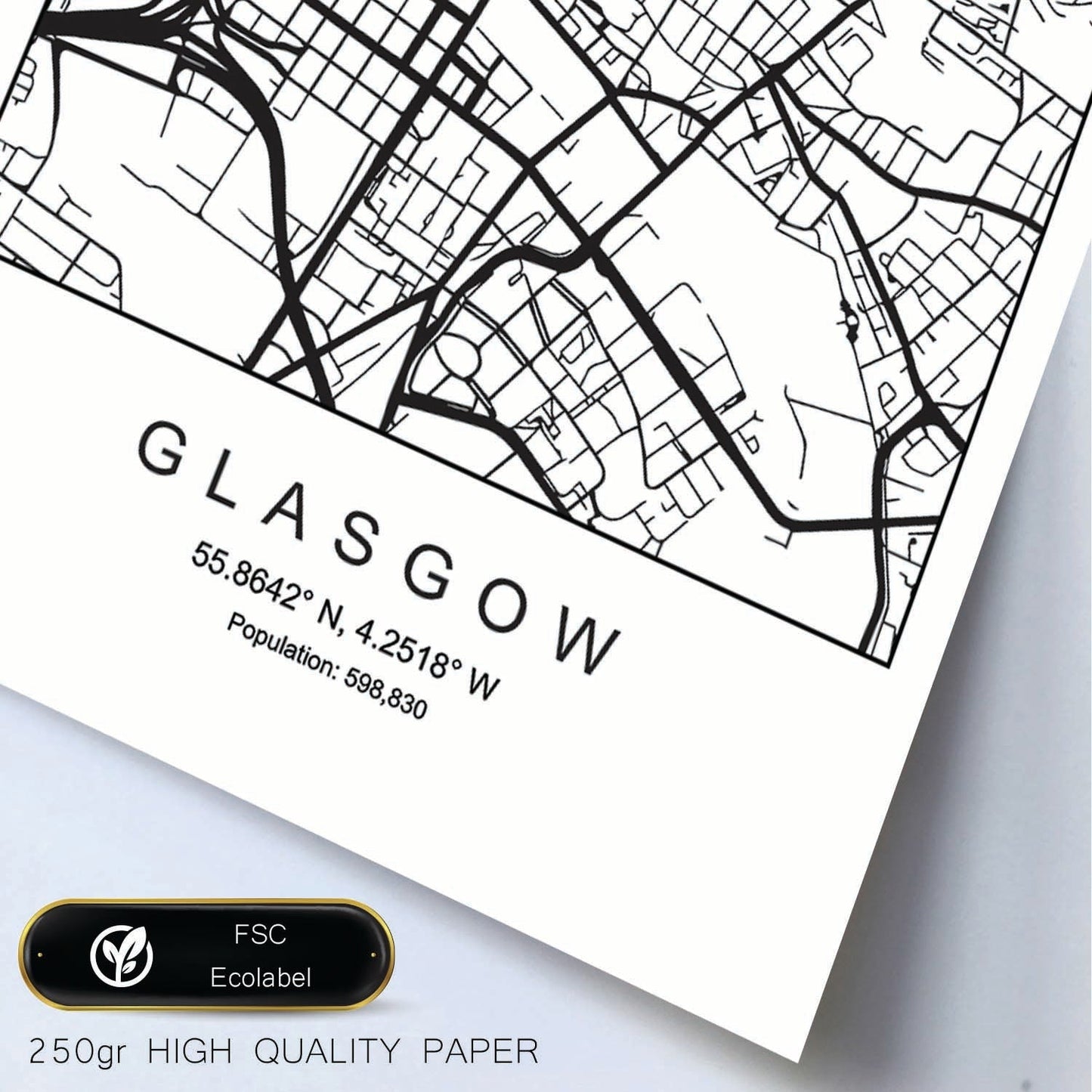 Lámina mapa de la ciudad Glasgow estilo nordico en blanco y negro.-Artwork-Nacnic-Nacnic Estudio SL