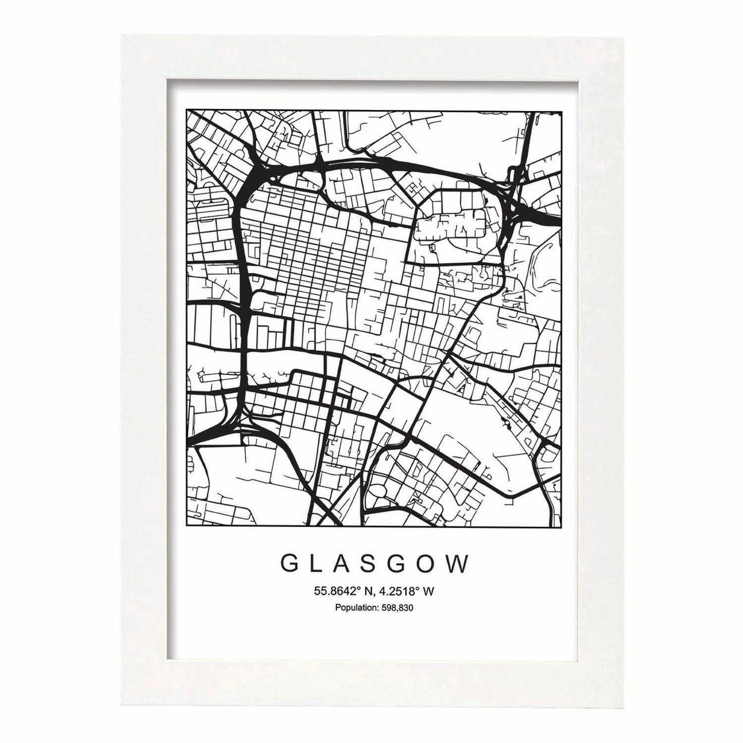 Lámina mapa de la ciudad Glasgow estilo nordico en blanco y negro.-Artwork-Nacnic-A3-Marco Blanco-Nacnic Estudio SL