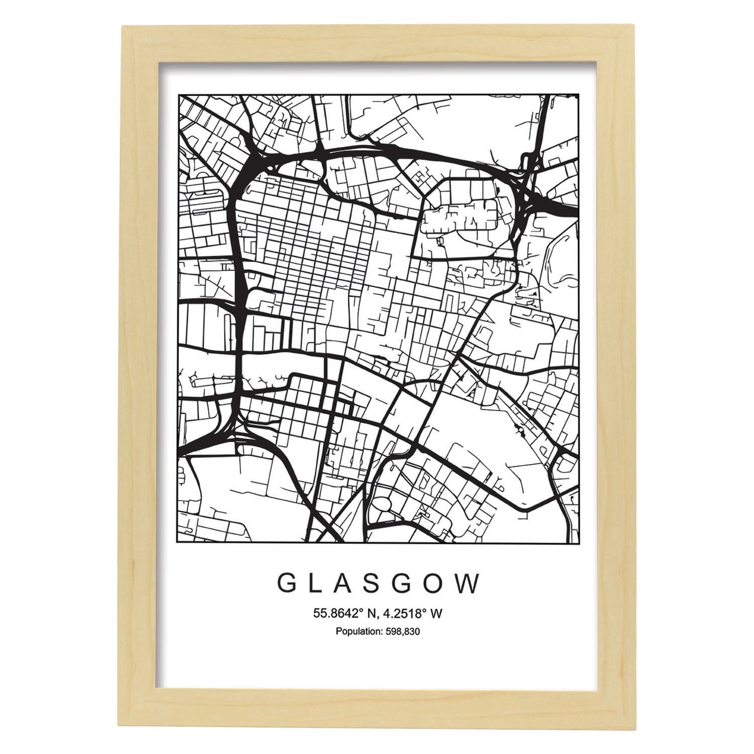 Lámina mapa de la ciudad Glasgow estilo nordico en blanco y negro.-Artwork-Nacnic-A3-Marco Madera clara-Nacnic Estudio SL
