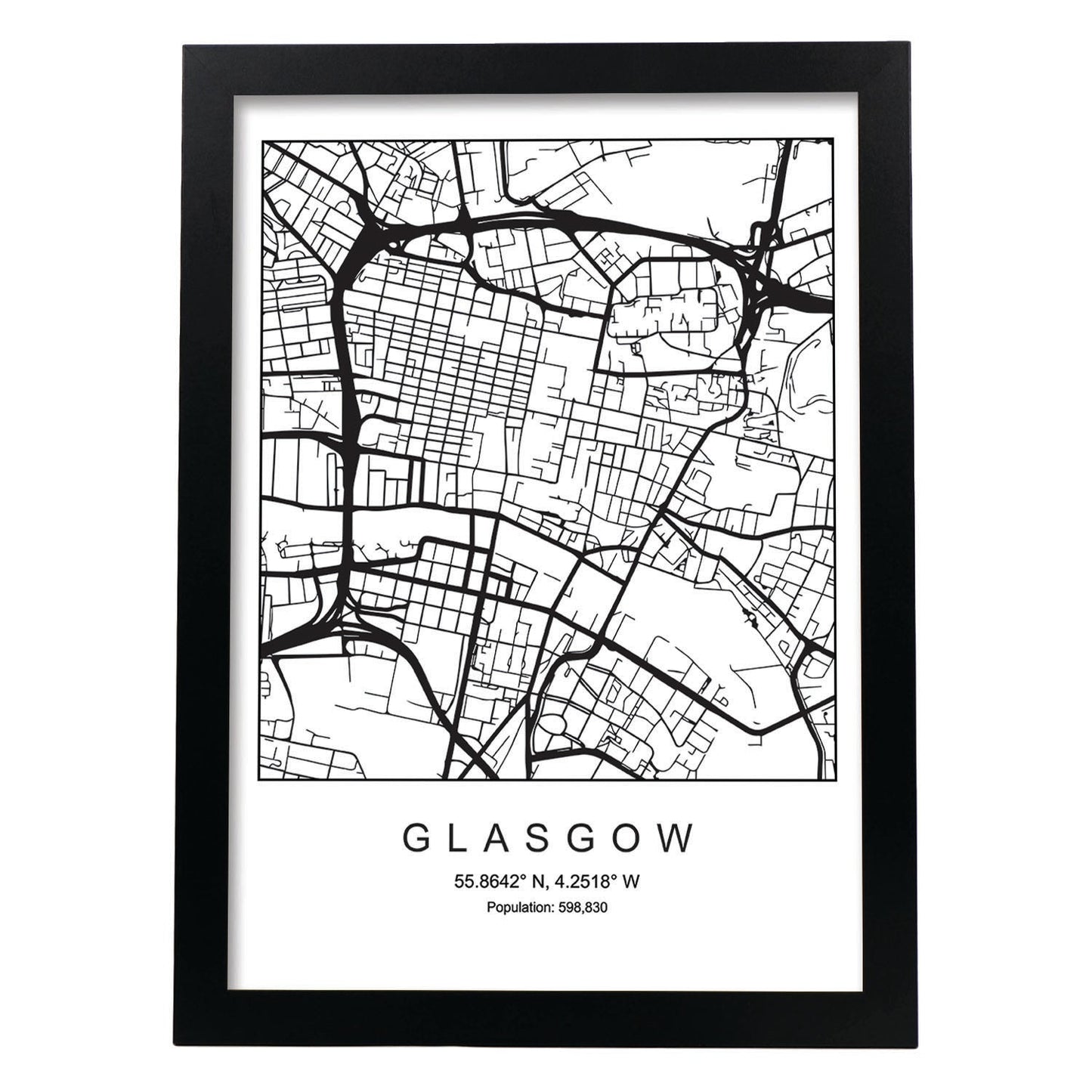 Lámina mapa de la ciudad Glasgow estilo nordico en blanco y negro.-Artwork-Nacnic-A3-Marco Negro-Nacnic Estudio SL