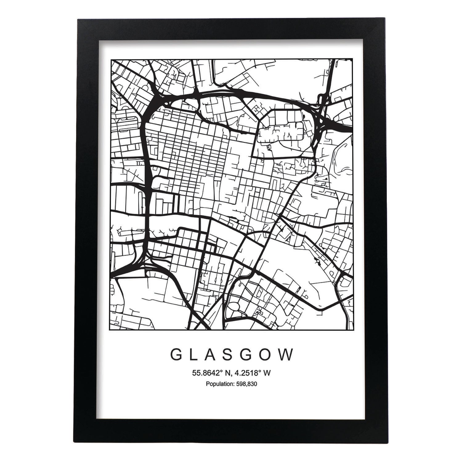 Lámina mapa de la ciudad Glasgow estilo nordico en blanco y negro.-Artwork-Nacnic-A3-Marco Negro-Nacnic Estudio SL