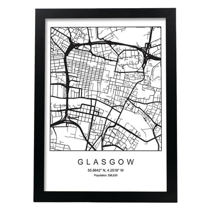 Lámina mapa de la ciudad Glasgow estilo nordico en blanco y negro.-Artwork-Nacnic-A4-Marco Negro-Nacnic Estudio SL