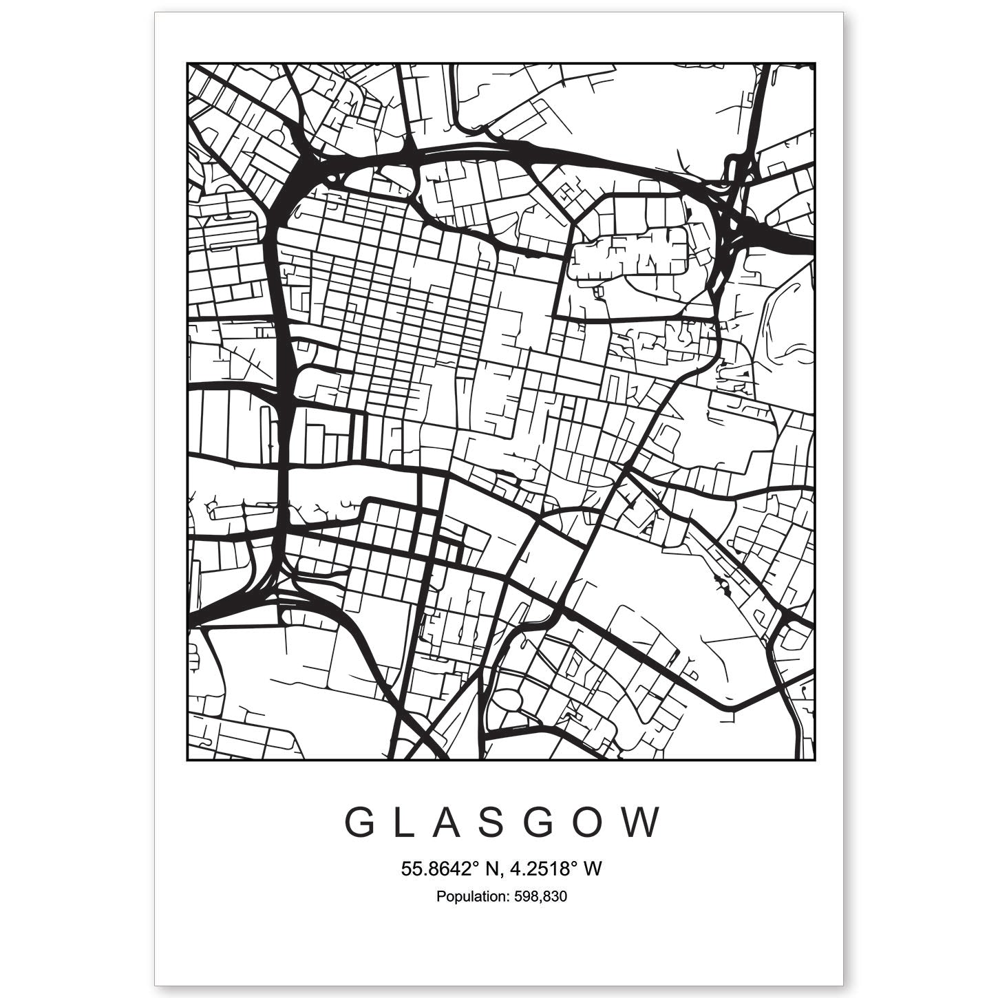 Lámina mapa de la ciudad Glasgow estilo nordico en blanco y negro.-Artwork-Nacnic-A4-Sin marco-Nacnic Estudio SL