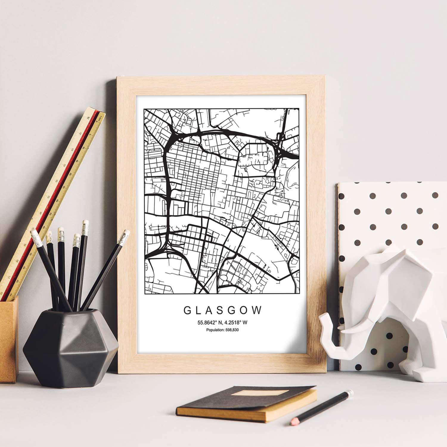 Lámina mapa de la ciudad Glasgow estilo nordico en blanco y negro.-Artwork-Nacnic-Nacnic Estudio SL